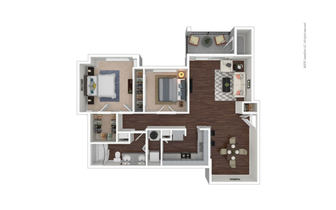 Floor plan for 2 beds, 1 bath, 992 sqft